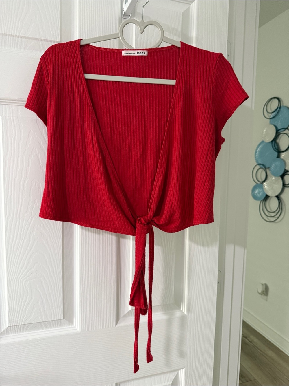 Reformation Red Ribbed Tie-Front Short Sleeve Crop